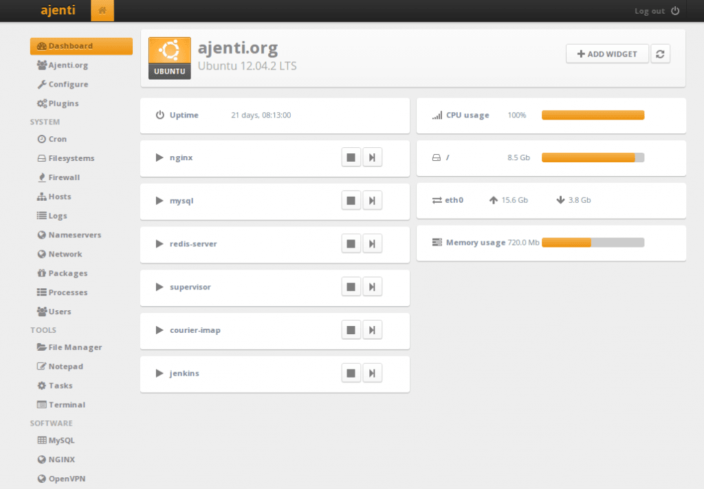 Ajenti - Top 10 Free Open Source Web Hosting Control Panels - HostNamaste