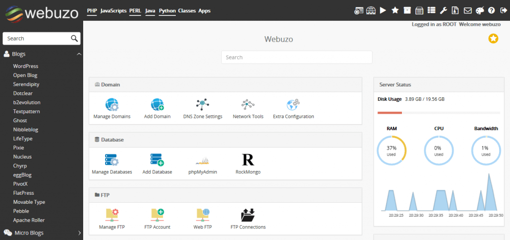 Webuzo - Top 5 Paid Web Hosting Control Panels to Manage VPS and Dedicated Servers - HostNamaste