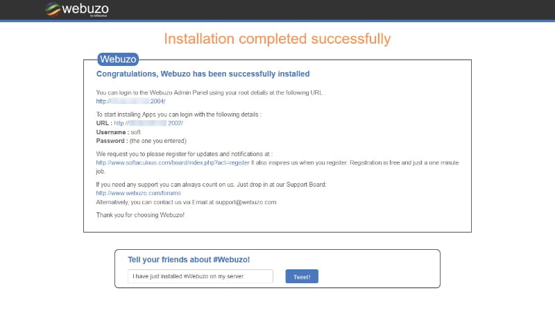 How to Install Webuzo Control Panel on CentOS, Ubuntu and other Linux Distributions – HostNamaste 9 Webuzo Installation Completed Successfully - HostNamaste