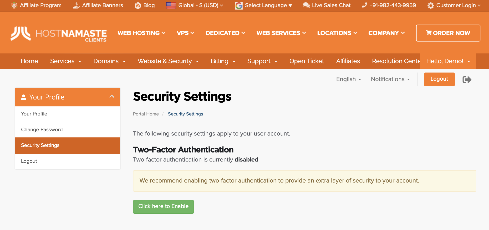 Client Area Two Factor Authentication - How to Enable Two Factor Authentication From HostNamaste Client Area – HostNamaste.com