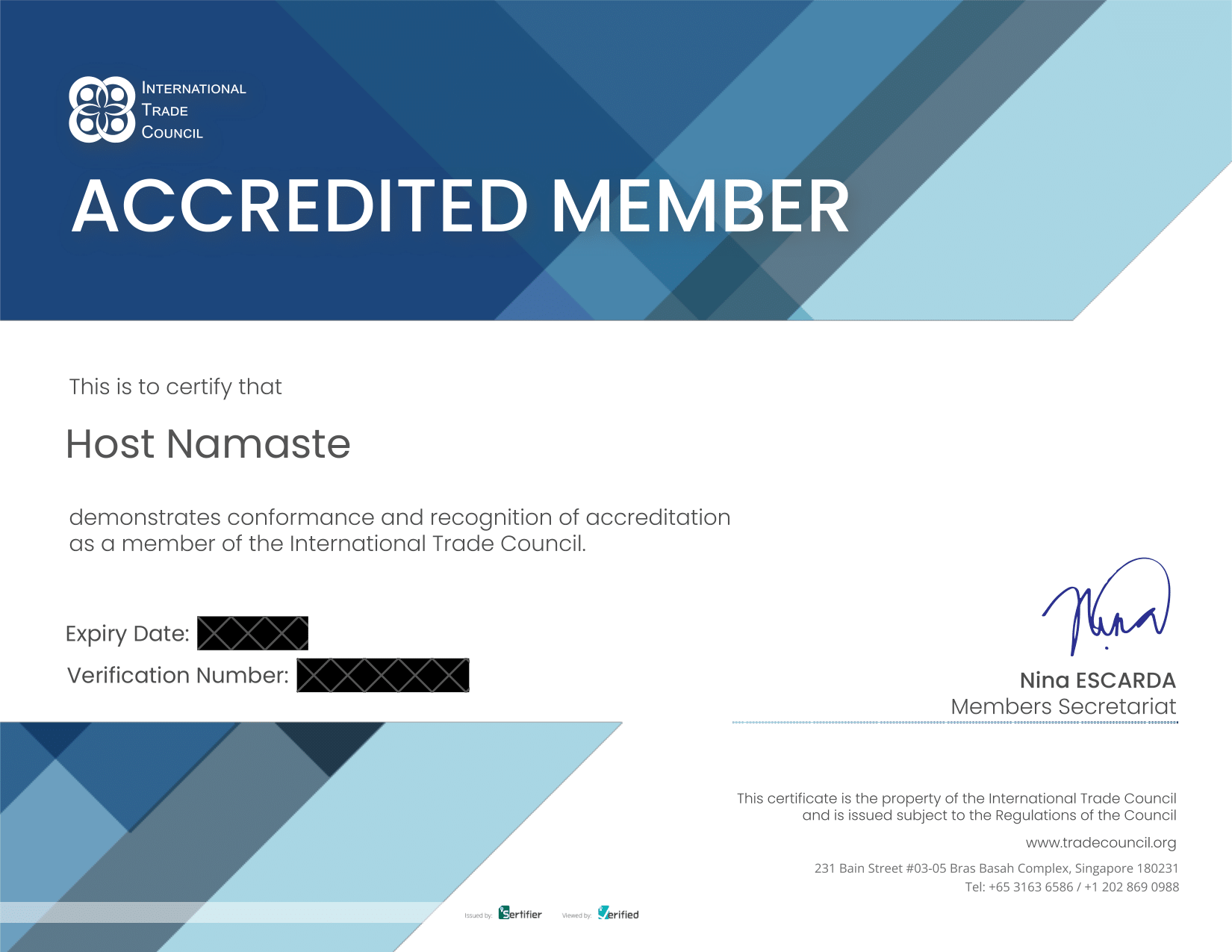 HostNamaste Accredited Member Of International Trade Council (ITC)