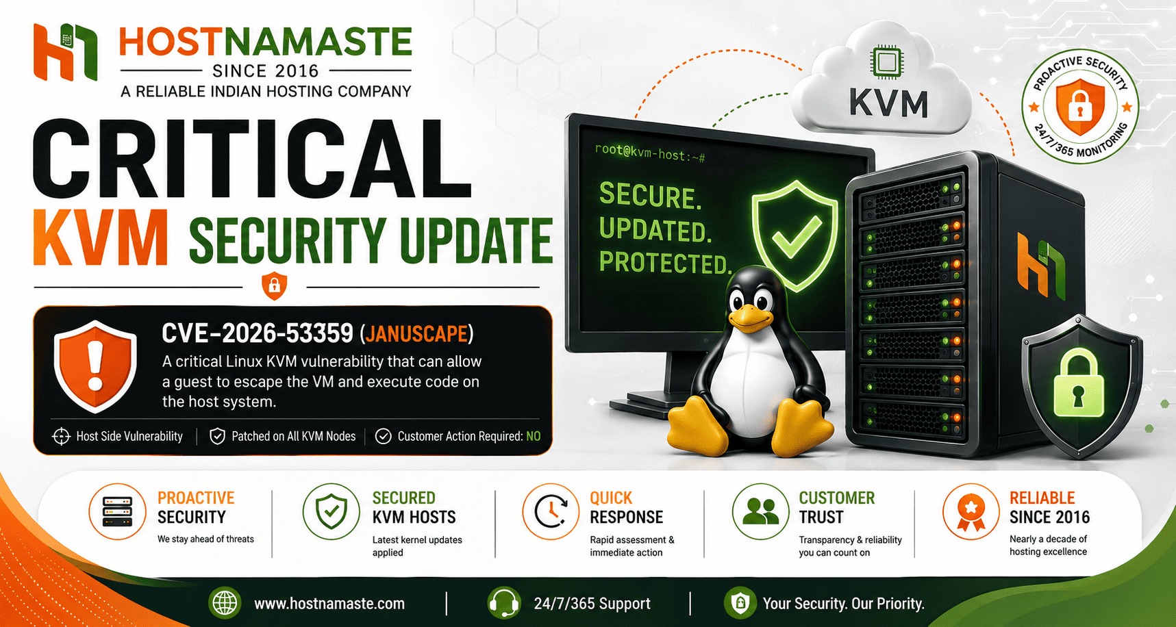 🚨 Security Update Completed

Following the disclosure of CVE-2026-53359 (Januscape), our engineering team successfully updated all affected KVM virtualization hosts.

✅ Kernel updates applied
✅ Infrastructure verified
✅ No customer action required

We've also published a detailed blog explaining the vulnerability and our response.

📖 Read the full article:
https://www.hostnamaste.com/blog/cve-2026-53359-januscape-kvm-update/

#HostNamaste #Linux #KVM #CyberSecurity #VPS #CloudHosting #SecurityUpdate #ServerManagement #Januscape #hosting